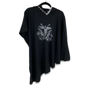 Tamara Zovich Asymmetrical Bird Print Black White Hooded Poncho Beach Top Size L